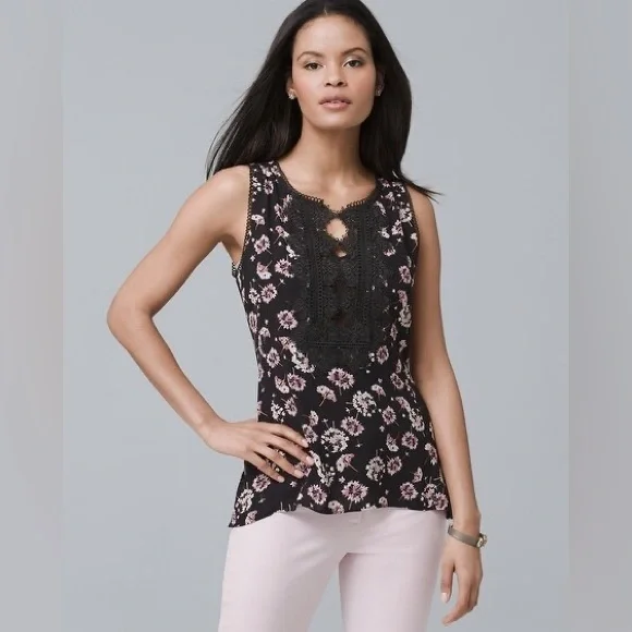 Lace-Detail Printed Shell | Size XXS | Color Black with Lavender Frost | WHBM - Picture 1 of 7